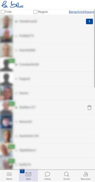 Postfach der lablue Dating-App mit Kontaktliste und ungelesenen Nachrichten