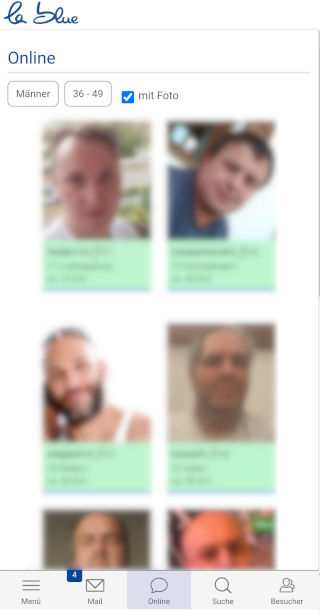 Online-Ansicht der lablue Dating-App mit Filtern für Geschlecht, Alter und Foto