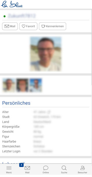 Profilansicht in der lablue Dating-App mit Fotos und persönlichen Angaben